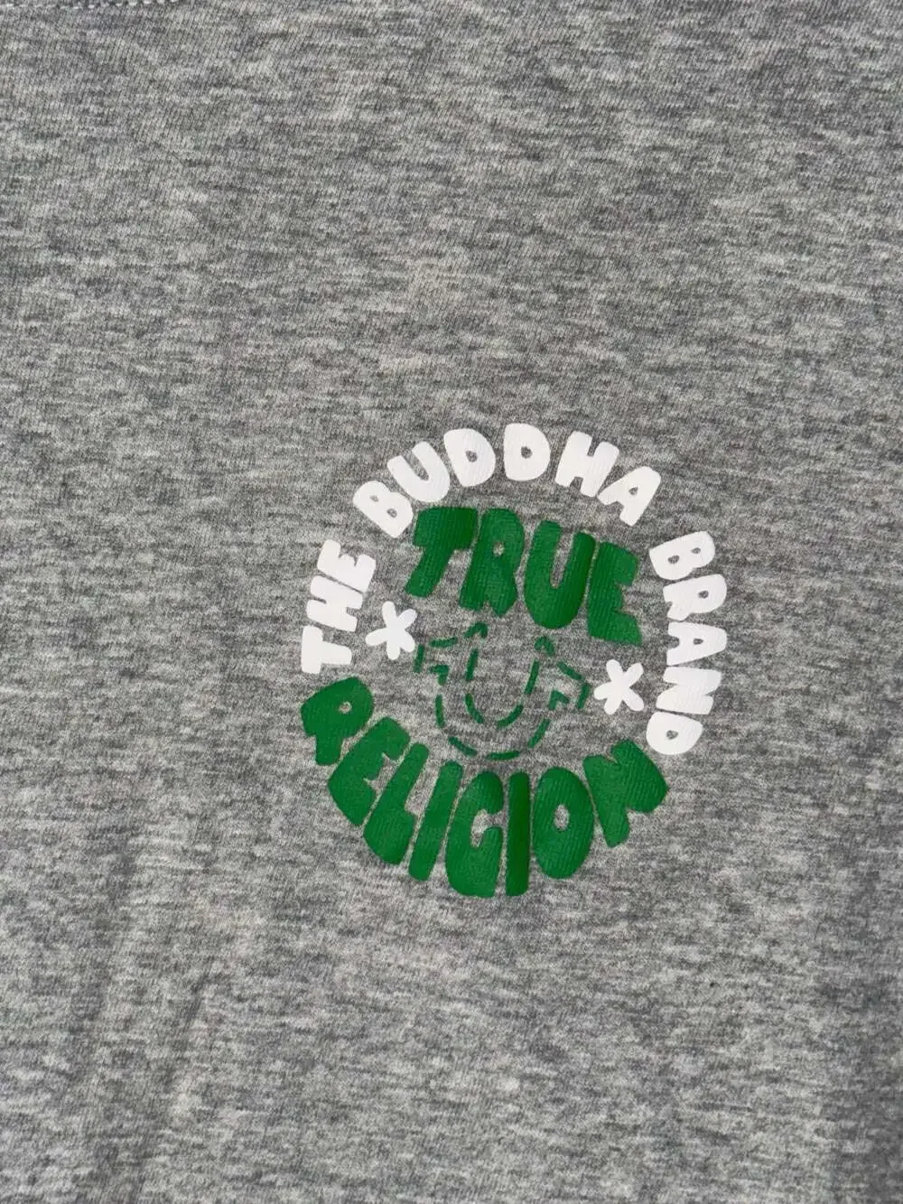 True Religion Mens Gray Buddha Brand Graphic T-Shirt with Green Logo